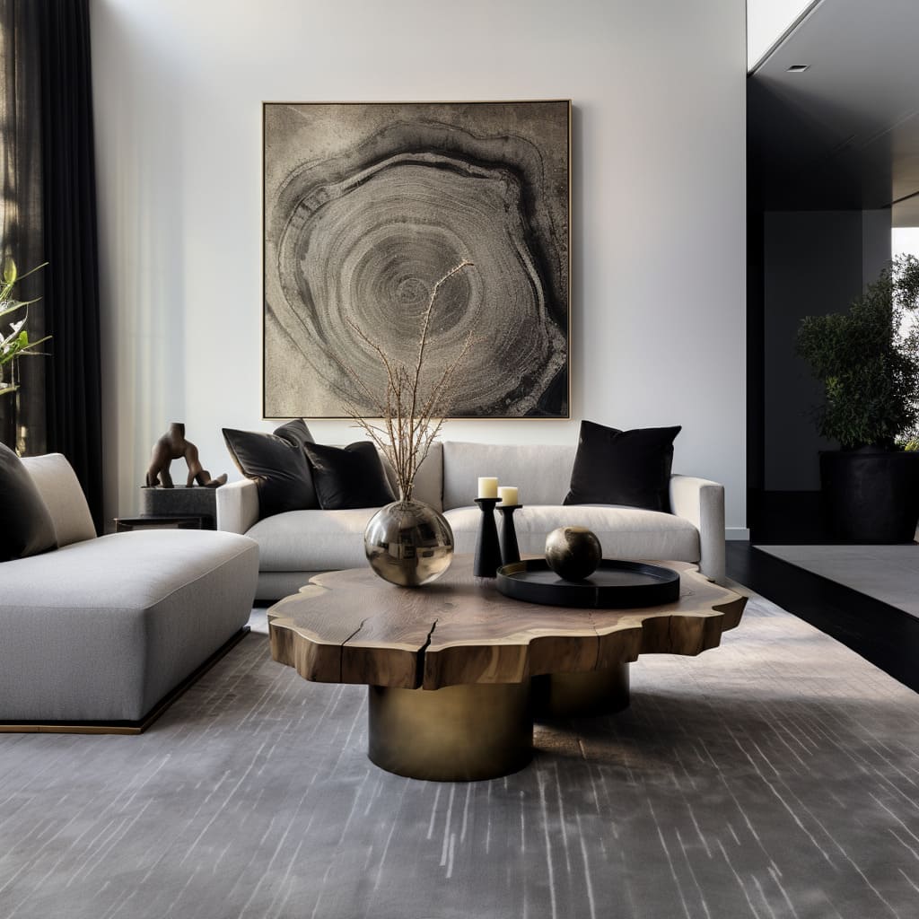 The living room's minimalist composition is carefully balanced to achieve a sense of luxury and sophistication
