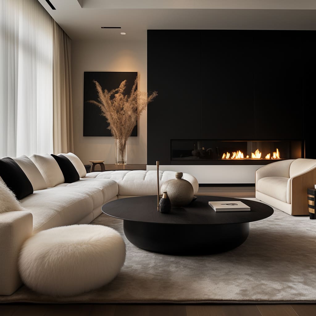 The living room's negative space is thoughtfully utilized, adding an extra layer of sophistication to the minimalist design