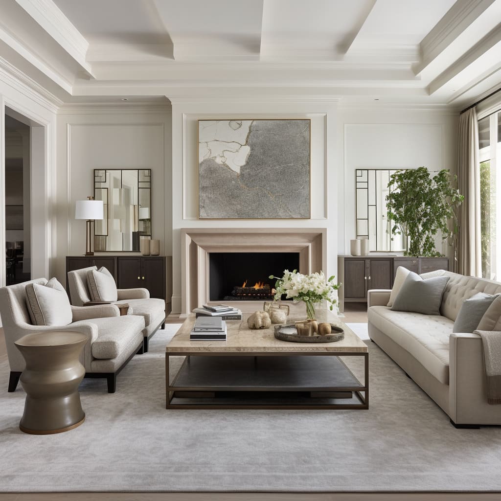 The living room's transitional interior design captures timeless elegance