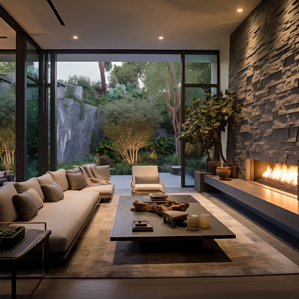 The lux interior design of this living room showcases a seamless blend of wood accents and slate stone cladding