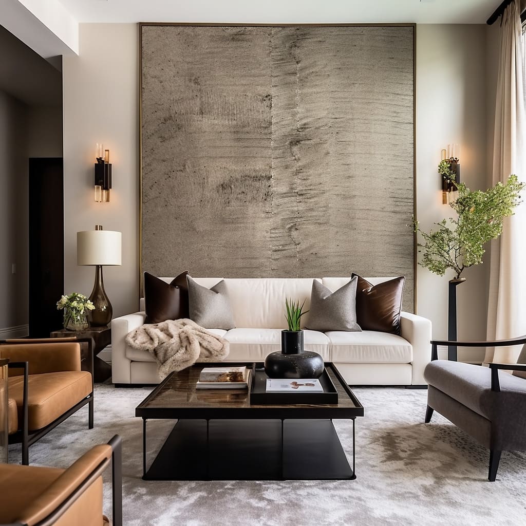 The lux modern living room features reflective metals and metallic fixtures that enhance its visual rhythm