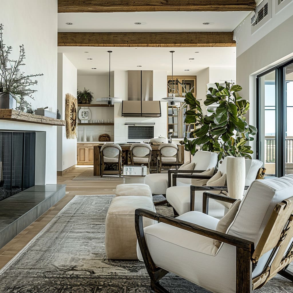 The modern farm style living room features practical and sustainable design elements