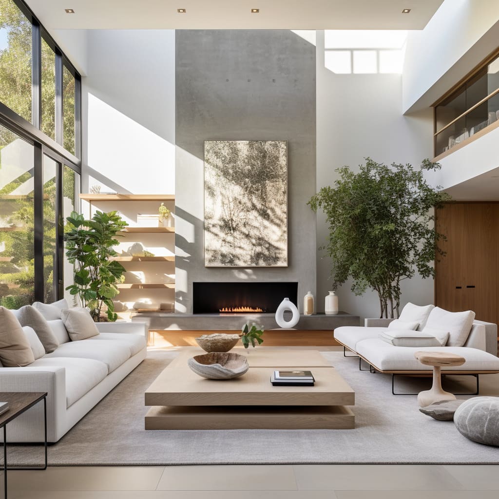 The modern living room boasts an open-plan layout with organic design elements and minimalist interiors