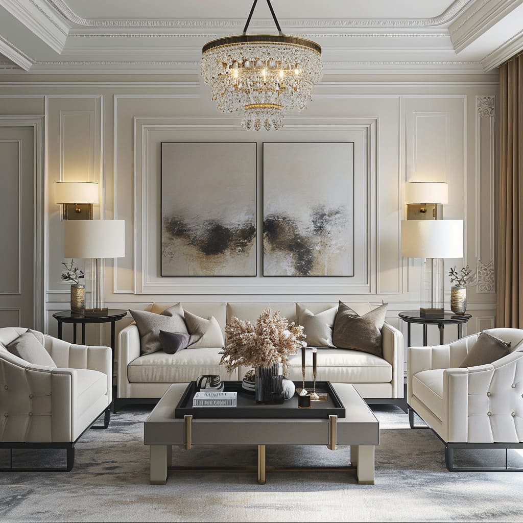 The neutral color palette in this transitional interior design creates a luxurious and sophisticated ambiance