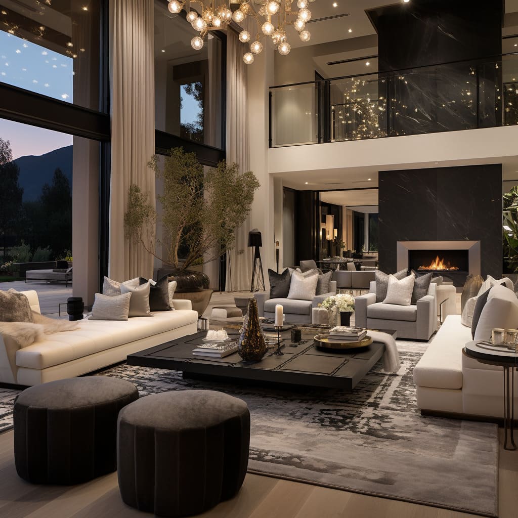 The posh interior of this upscale living room features designer decor and trendsetting furniture, making it a sophisticated and prestigious space.