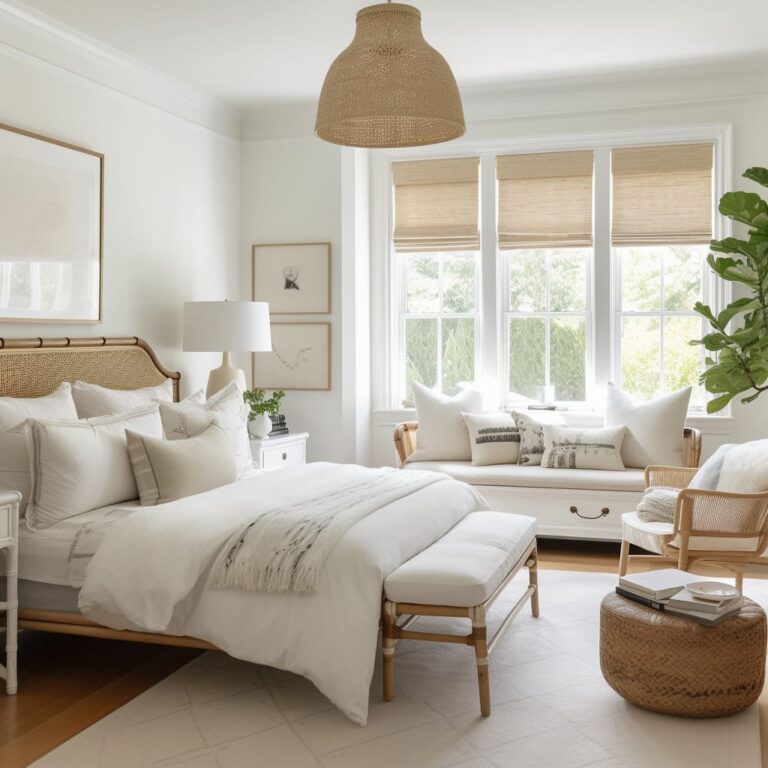 White Bedroom Interior Design with Bamboo Furniture | FH