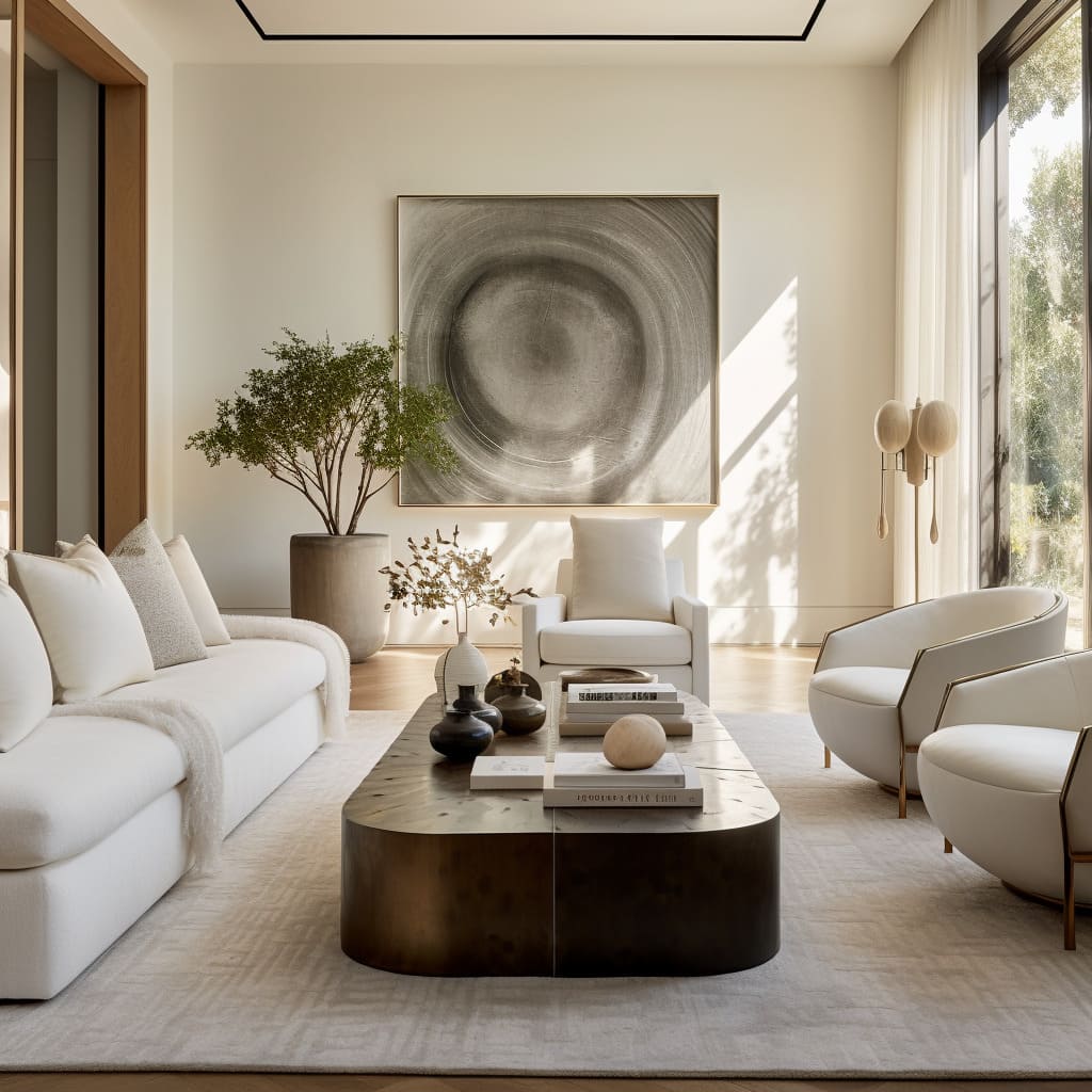 The salon, anchored by a neutral base and complemented by statement art and sleek furniture