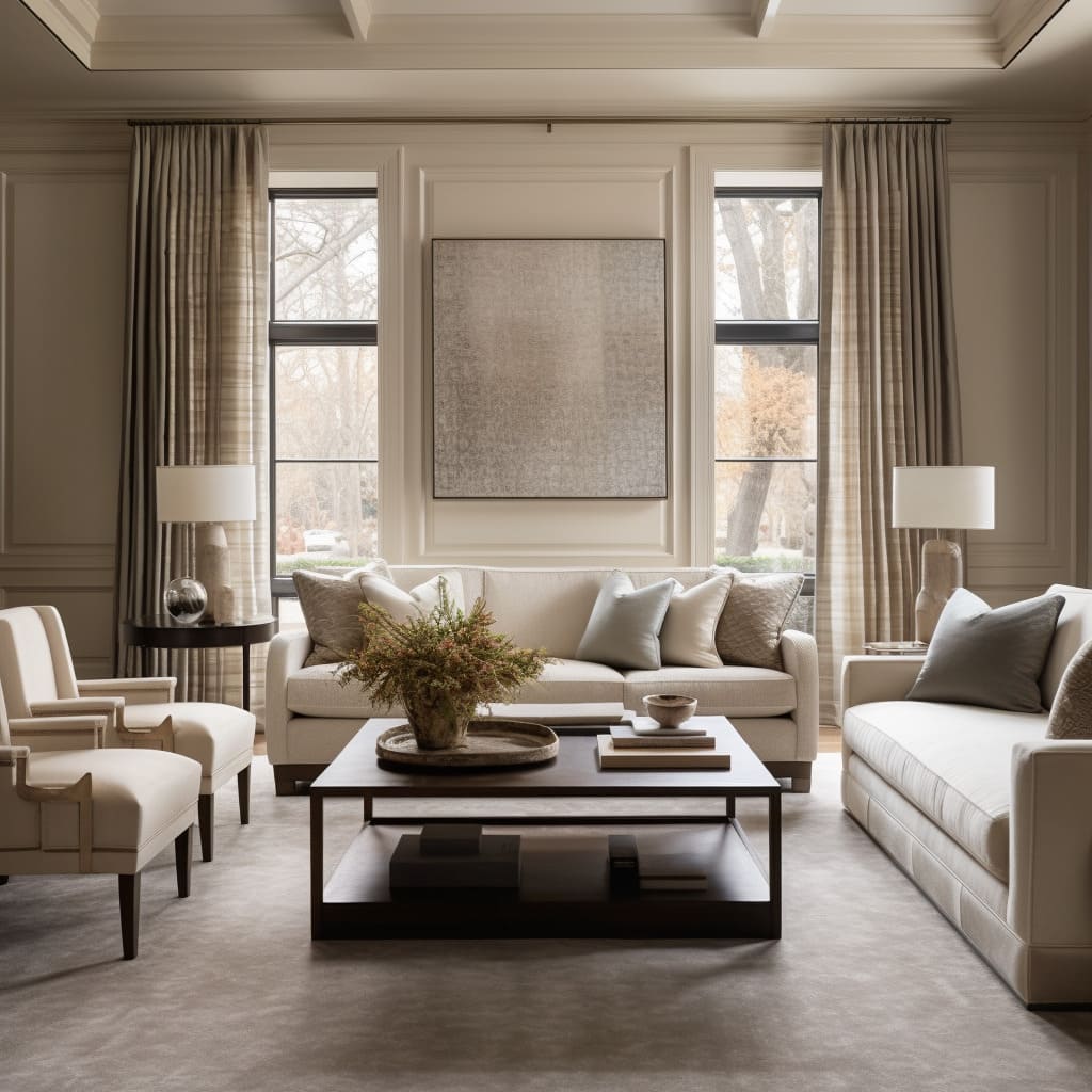 The seating in this American Transitional living room is both comfortable and chic.