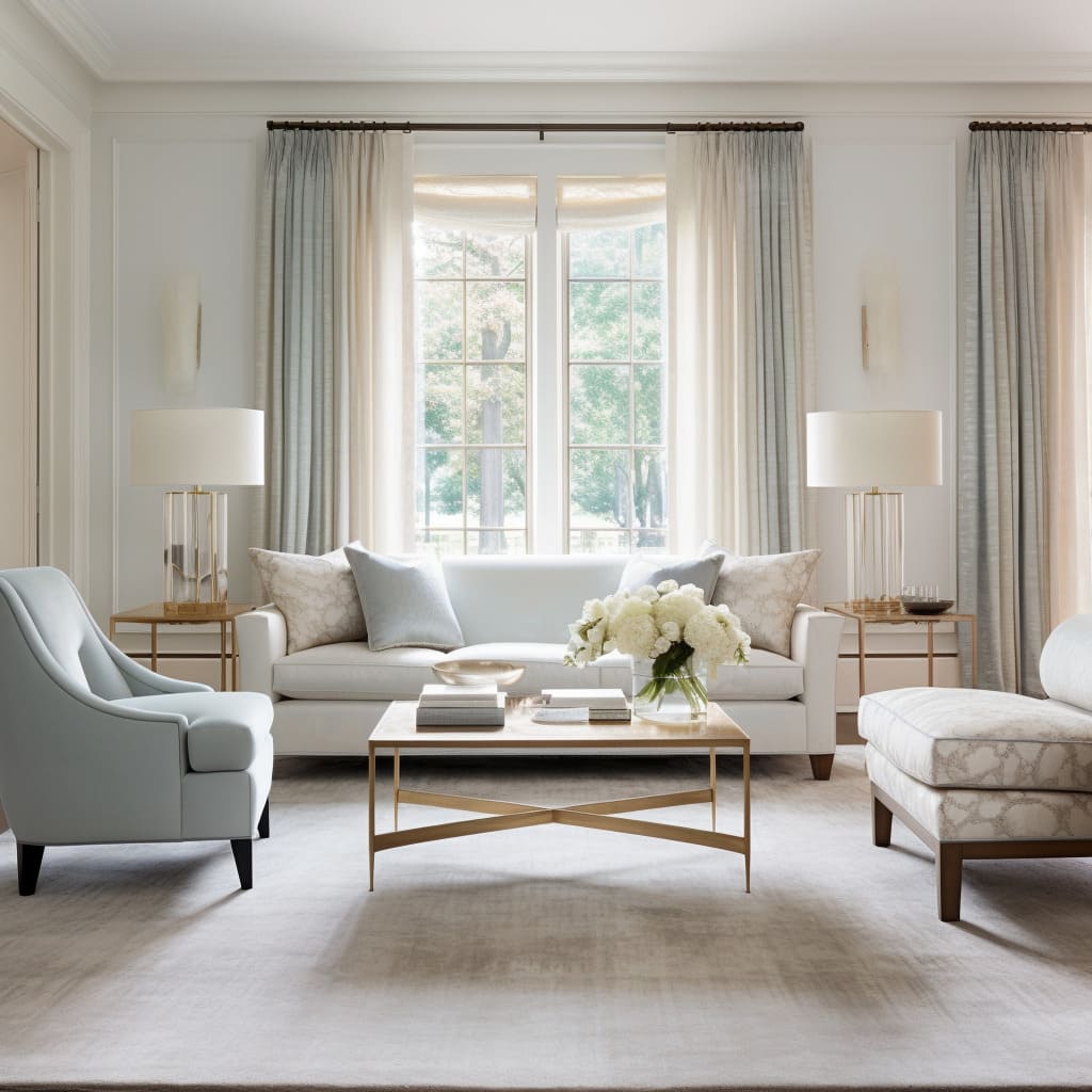 The seating in this American Transitional living room is both elegant and inviting.