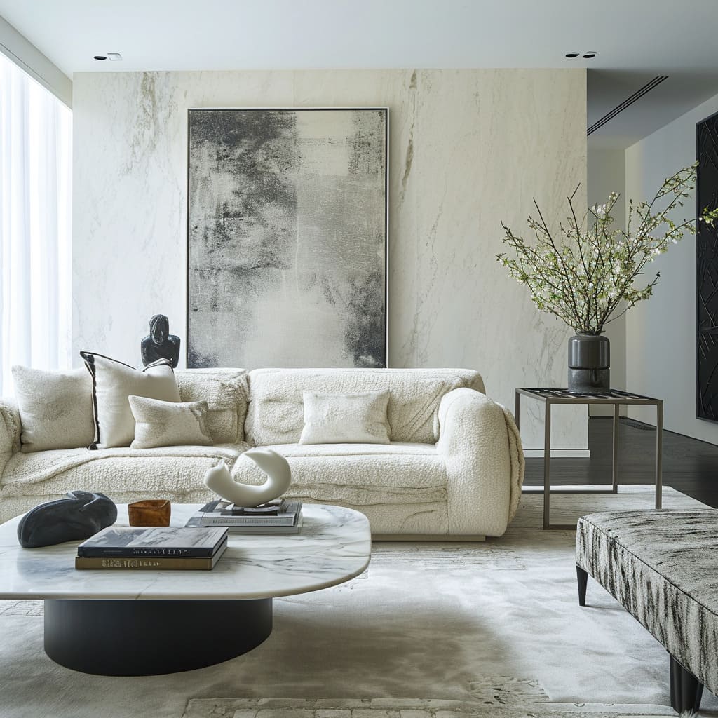 The sitting area embodies a minimalist philosophy, emphasizing clean lines and uncluttered spaces for a serene ambiance