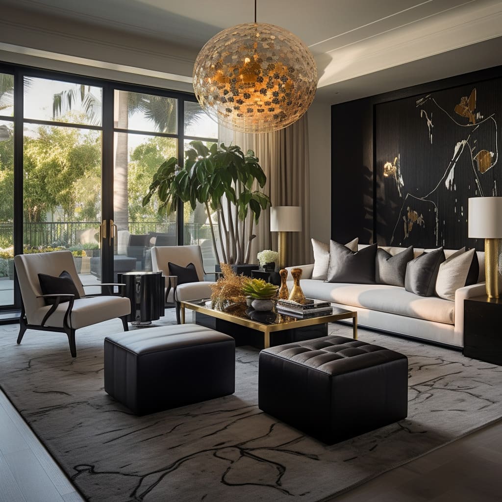 The sitting area features opulent textures and elegant furnishings that exude refined elegance