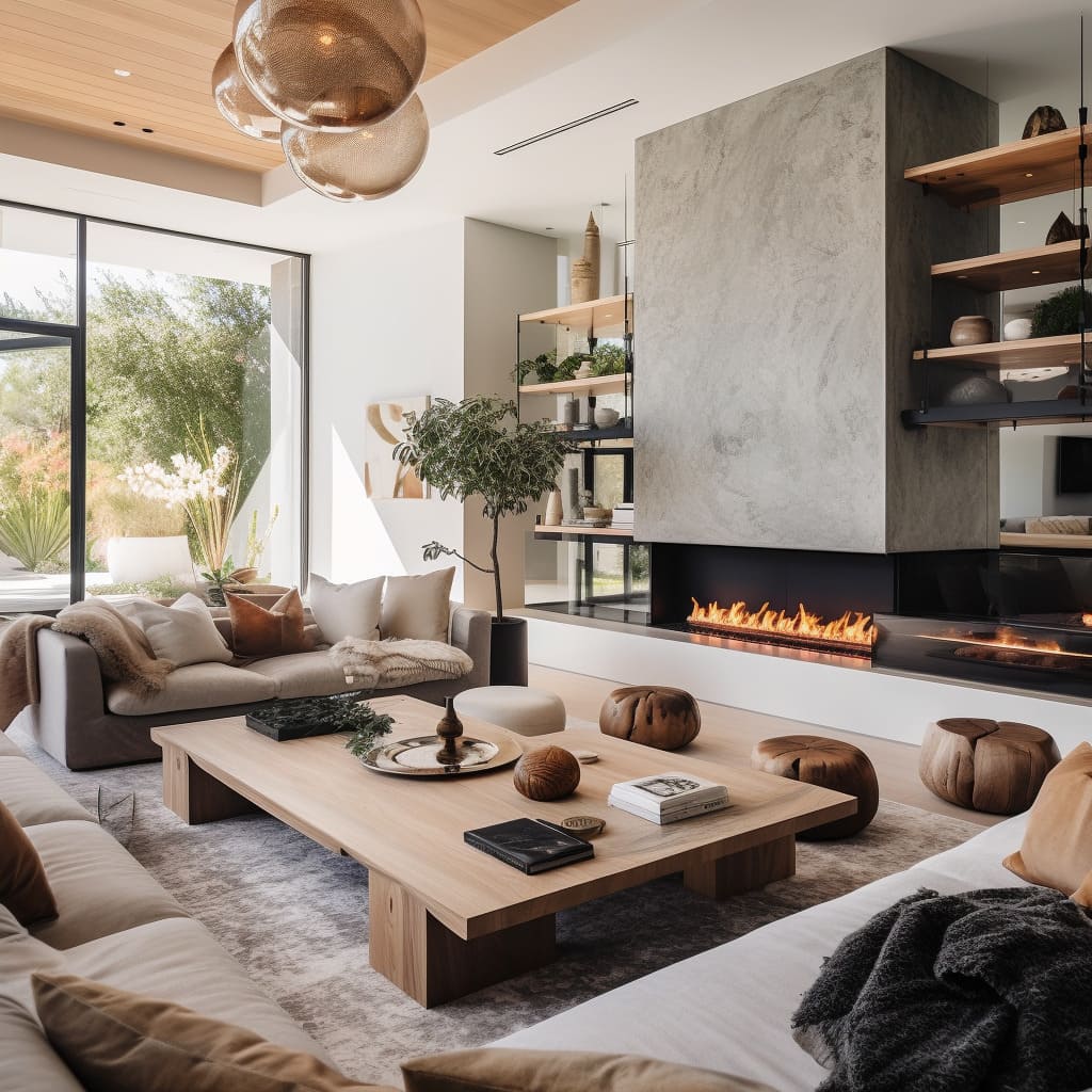 The sitting room features a neutral color palette, clean lines, and sustainable design
