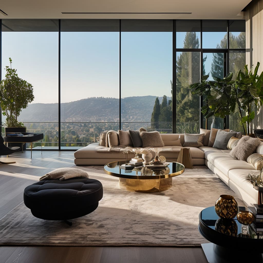 The sleek design and cutting-edge aesthetics of this living room create a sense of sophistication and innovation, while opulent touches add flair.