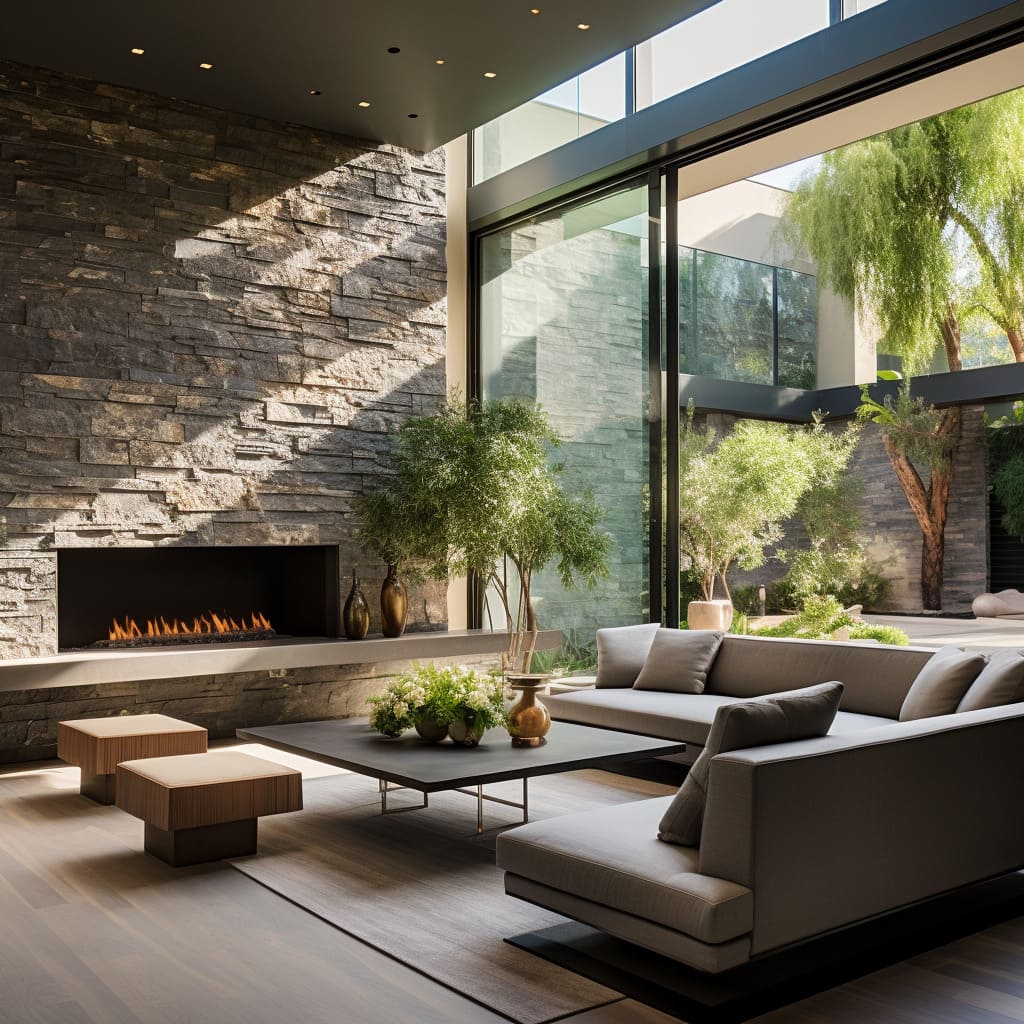 The stone-clad chimney and hardwood floors in this living room create an inviting space for hanging out