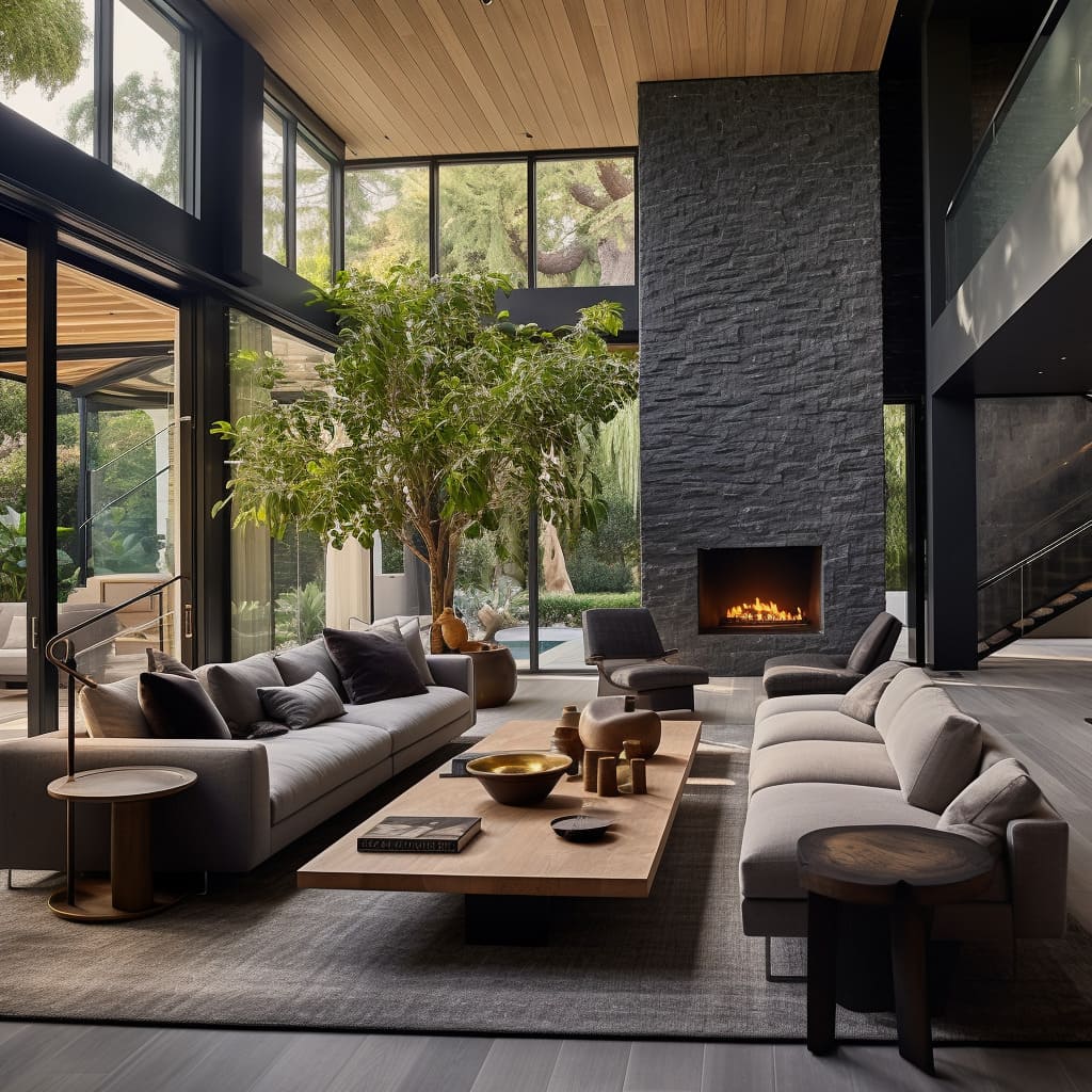 The stone-clad fireplace and large windows in this living room offer a perfect balance of natural and modern elements