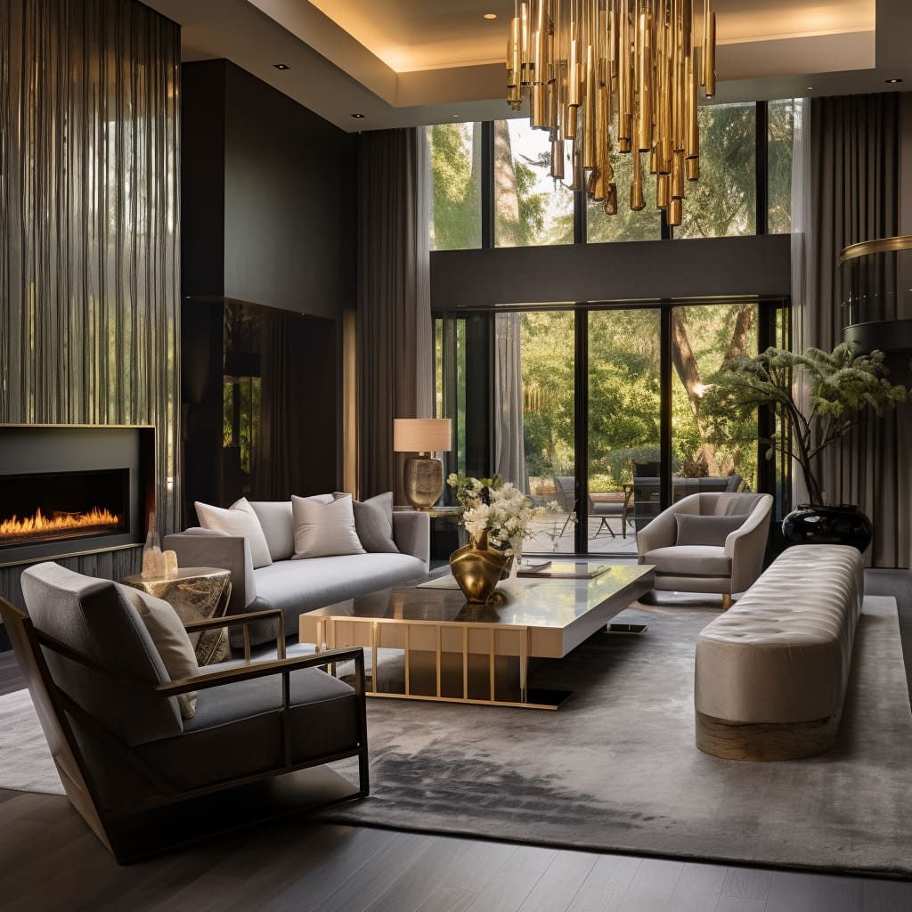 The style of this large living room features a harmonious blend of modern luxury, evoking a sense of opulence and elegance.