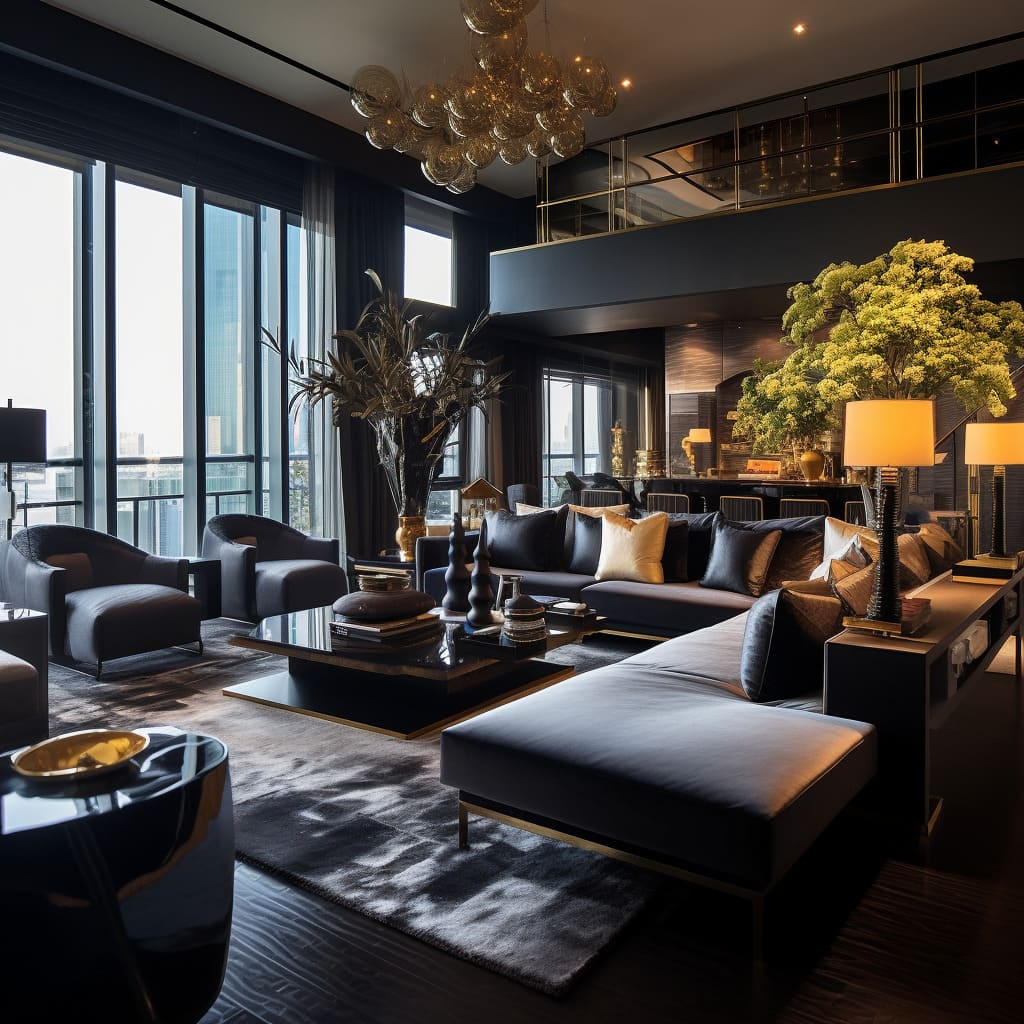 The stylish comfort of this penthouse living room, where city elegance reigns supreme