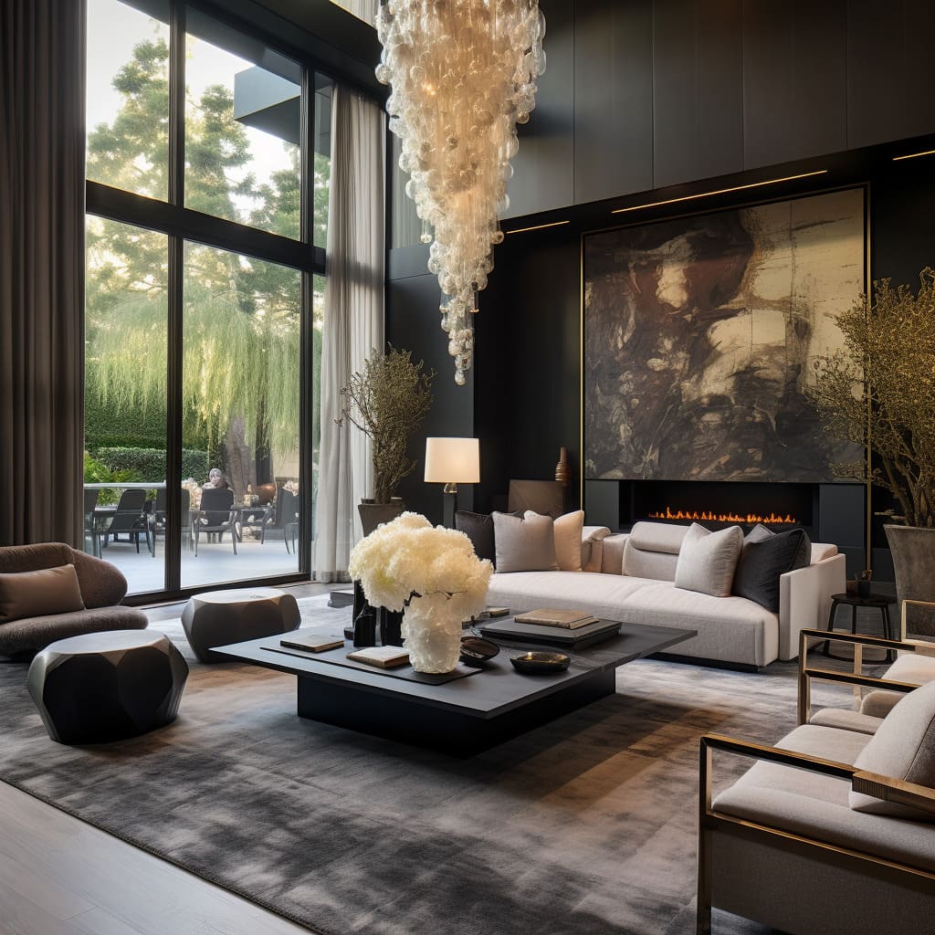 The stylish decor elements in this living room complement its upscale luxury, resulting in a space that exudes prestige and fashionable interiors.
