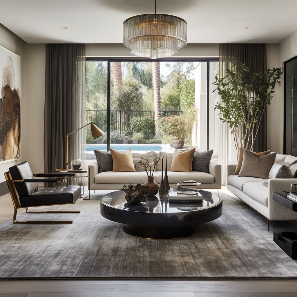 The stylish sitting area boasts an aesthetic appeal with neutral color palettes and textural elements