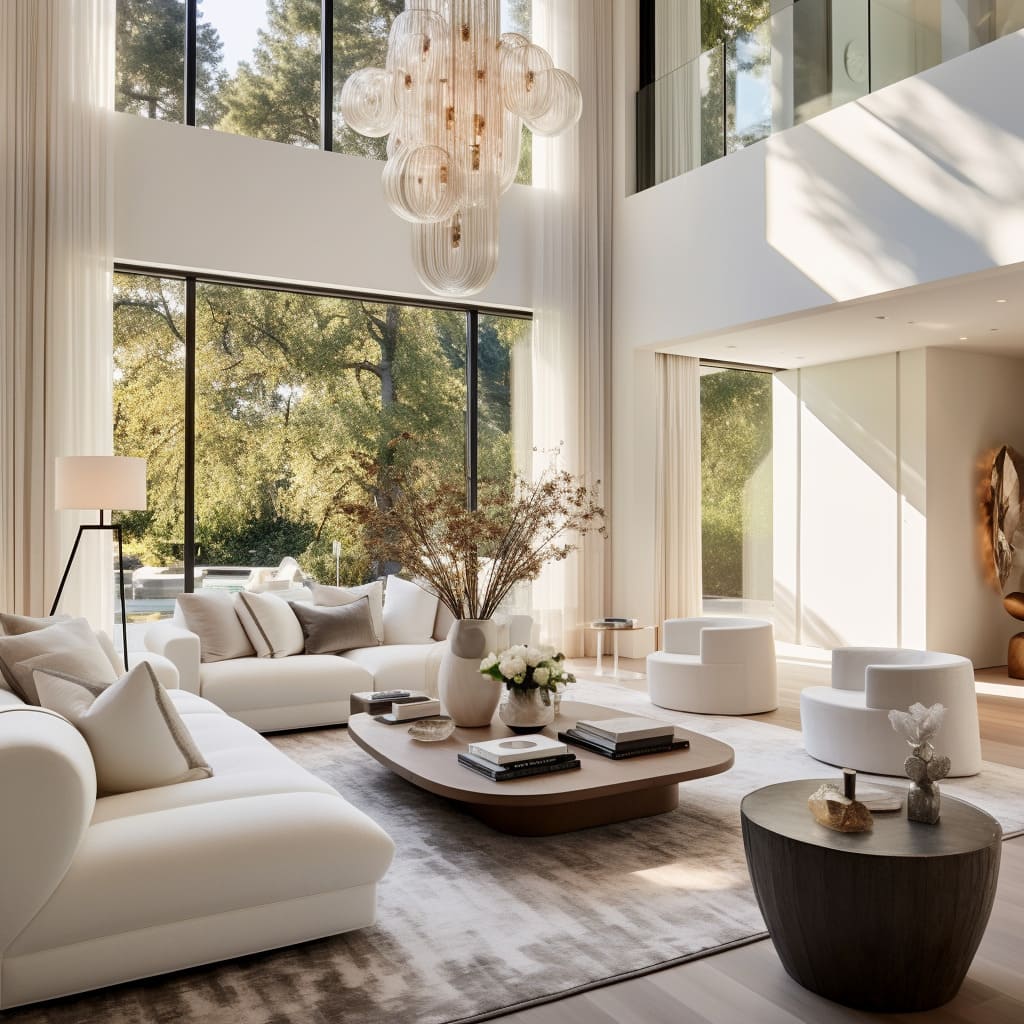 The white sitting room combines modern aesthetics with casual comfort