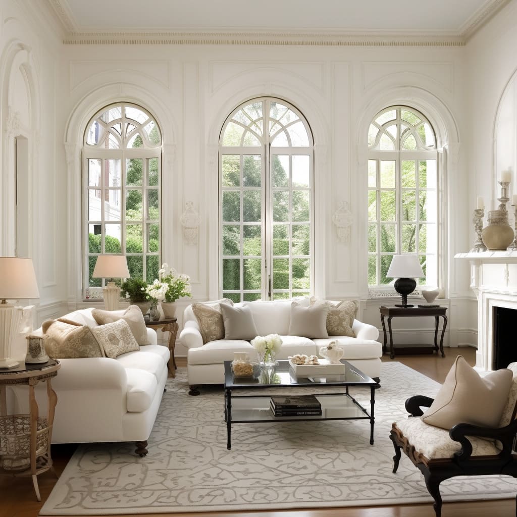 There are contemporary furniture and subdued hues in this American Classical living room.