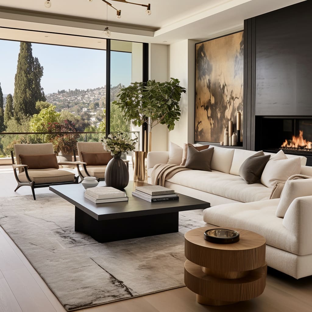 There is the allure of this high-end sitting area, where chic accents and fashionable trends come together to create an ambiance of refined sophistication