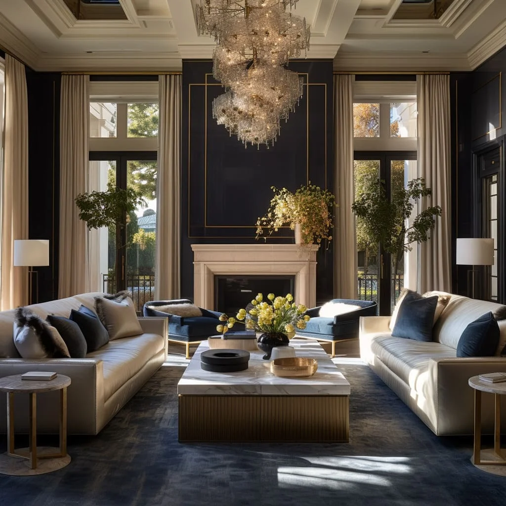 These elegant living spaces, the use of plush textures and decorative details
