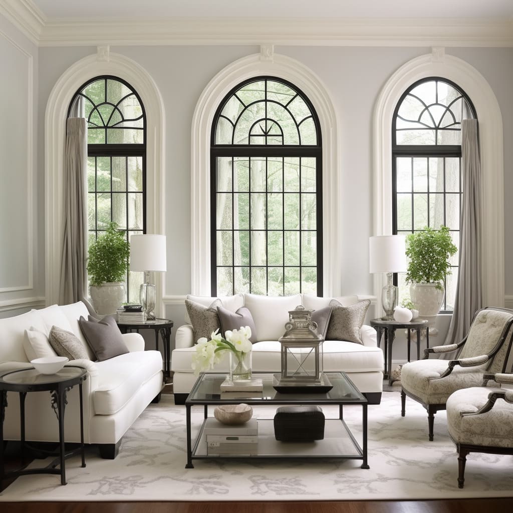 This American Classical living room showcases traditional furniture, wood accents, and plush seating.