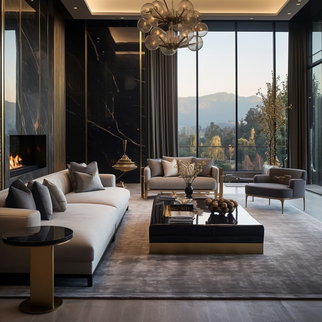 This contemporary living room showcases a fusion of innovative elements and cutting-edge design, resulting in an atmosphere of opulence and sophistication.