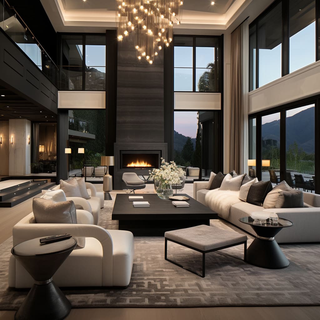 This elegant living room boasts state-of-the-art appliances and high-end furnishings, offering a prestigious and opulent space for relaxation and entertainment.