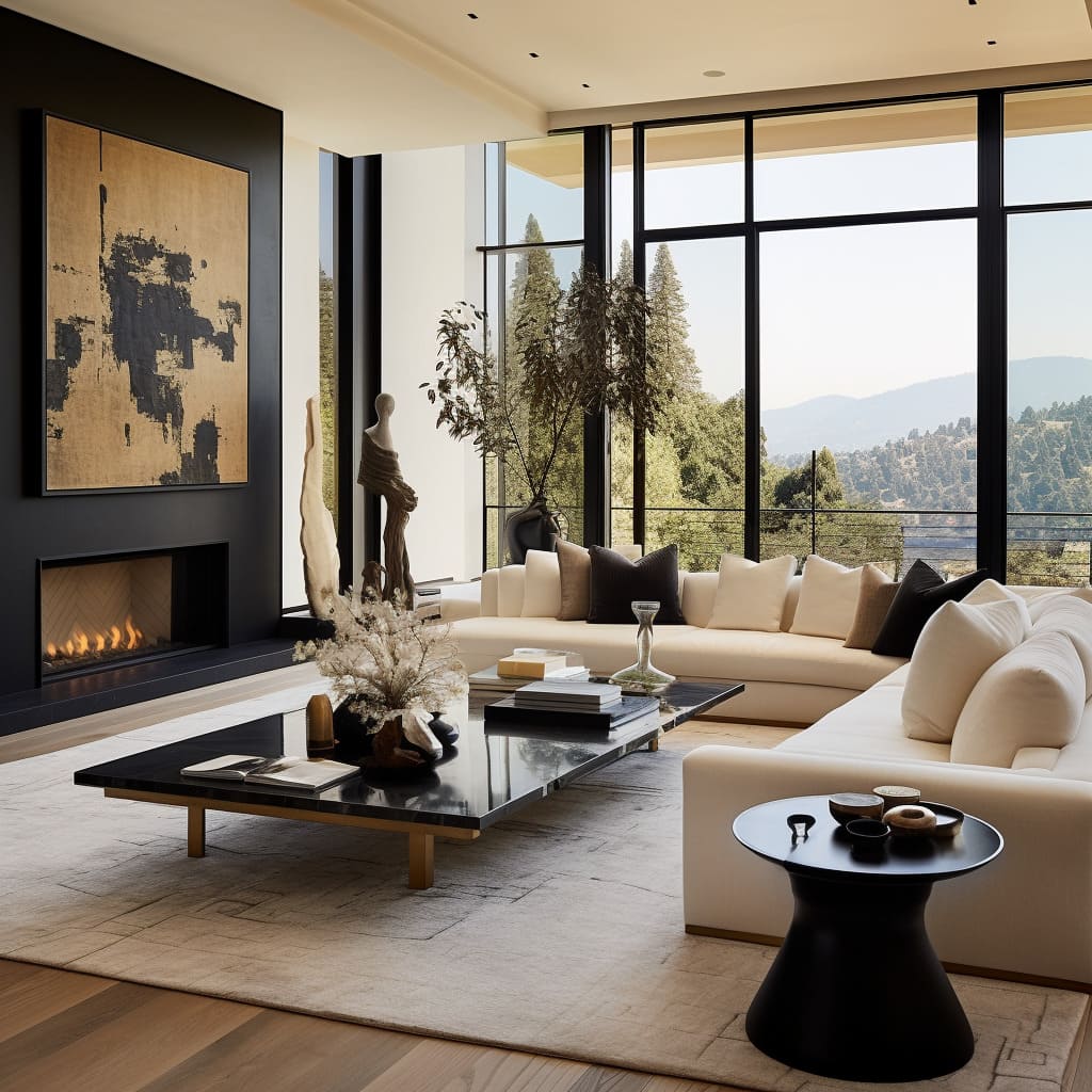 This grand living room blends the best of modern and opulent design, offering an inviting space for relaxation and entertainment