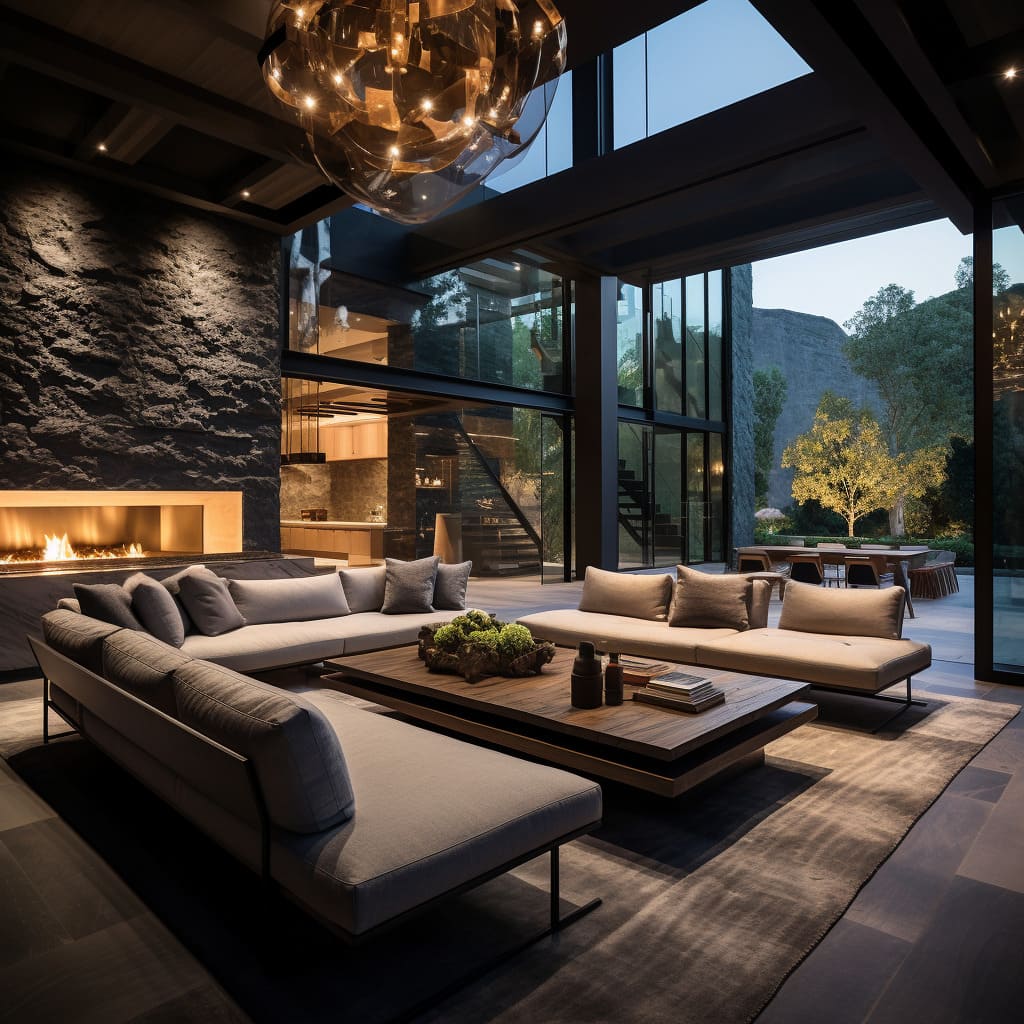 This high-end living room boasts an interior design that combines slate stone cladding with a sectional sofa, creating a chic and inviting space