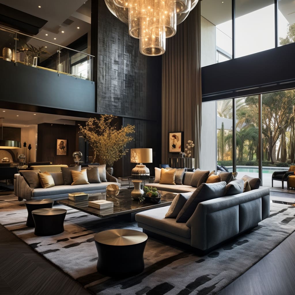 This large house's living room combines innovative design with elegant sophistication, featuring modern opulence and a flair for stylish decor elements.