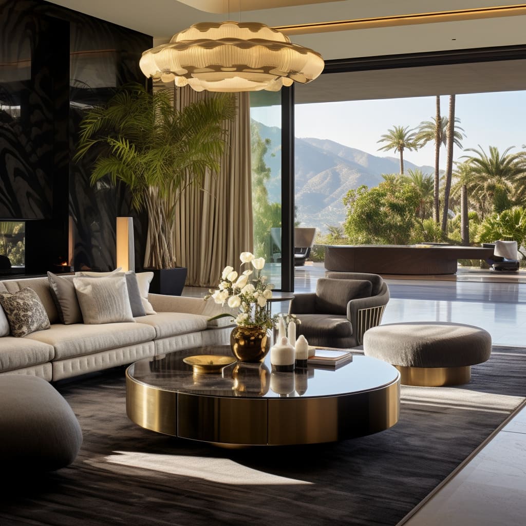 This large house's living room exudes flair with cutting-edge aesthetics and bespoke furnishings, adding opulent touches to its innovative design.