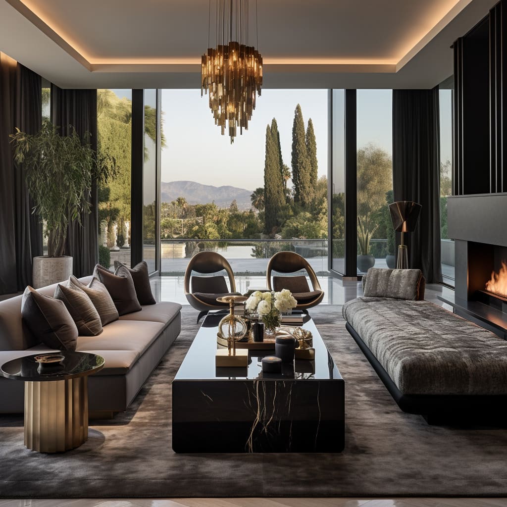 This large house's living room is an oasis of elegance and modernity, with a monochromatic color palette and a subtle hint of gold for a touch of opulence.