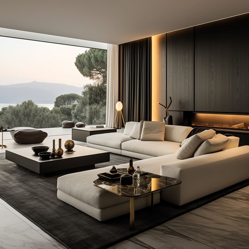 This living room exemplifies high-end minimalism, with seamless design elements and a chic, sophisticated palette