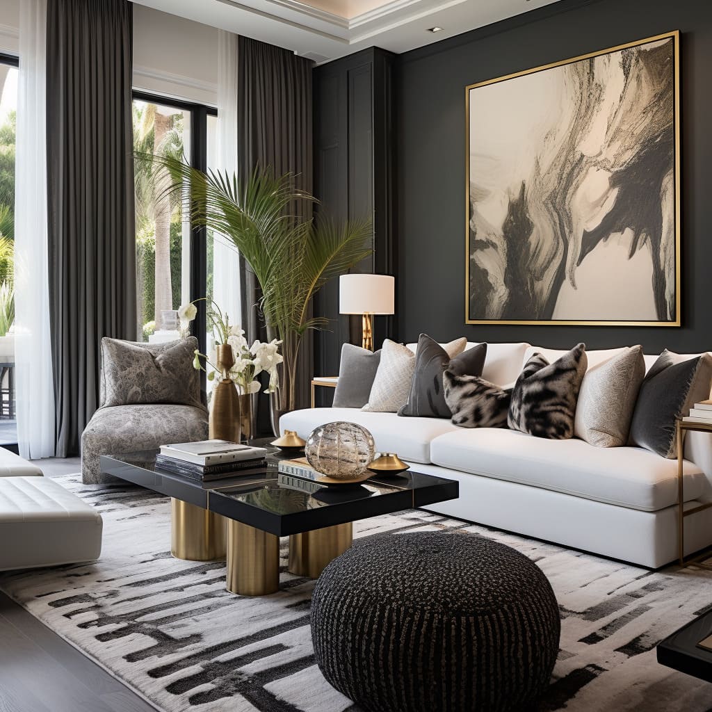 This living room is a visual masterpiece, showcasing opulence and artistic interiors
