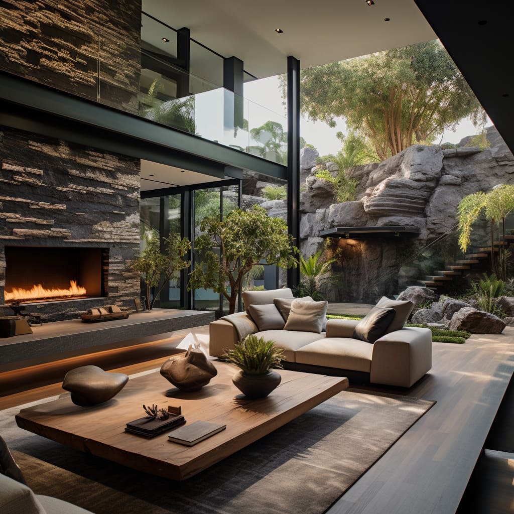 This living room's interior design combines wood and stone cladding, creating a serene and cozy ambiance