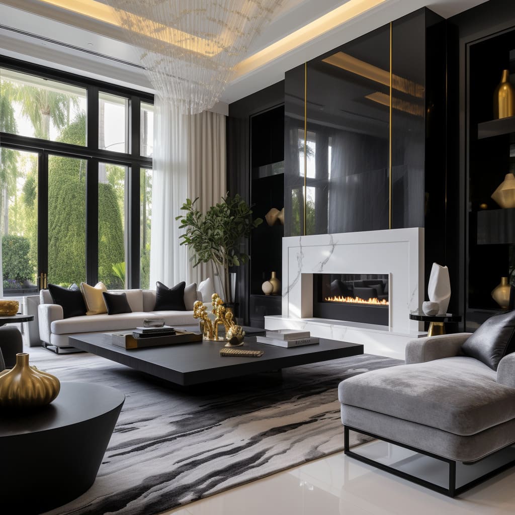 This luxurious living room exudes timeless elegance with its vintage furnishings and iconic design.
