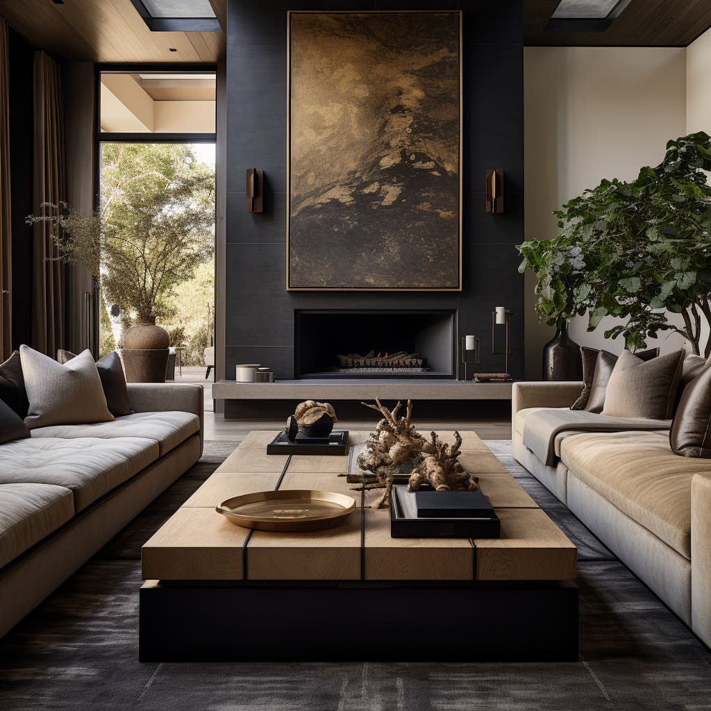 This luxurious living room, with a lux color palette and bold brass details, epitomizes opulent interior design.