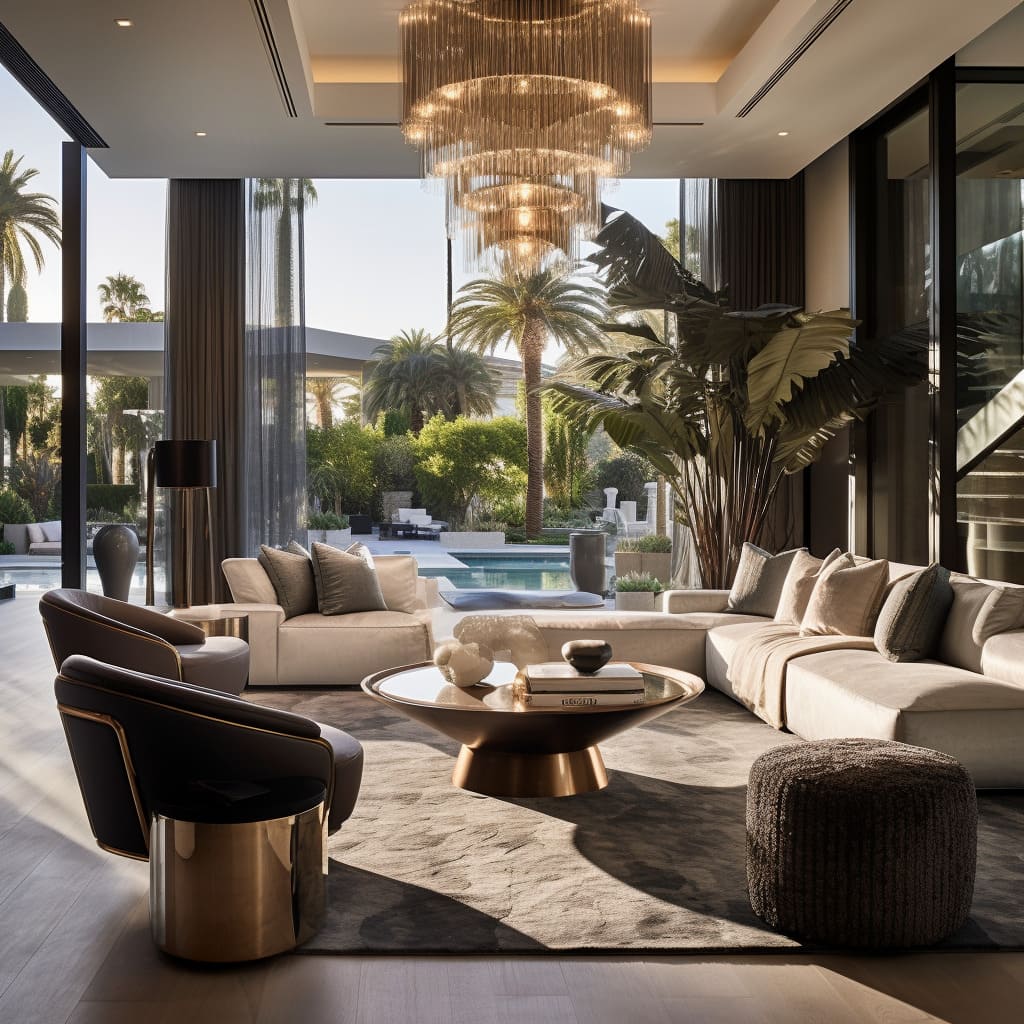 This luxury living room showcases a fusion of modern and innovative interior design, resulting in an atmosphere of opulence and sophistication.