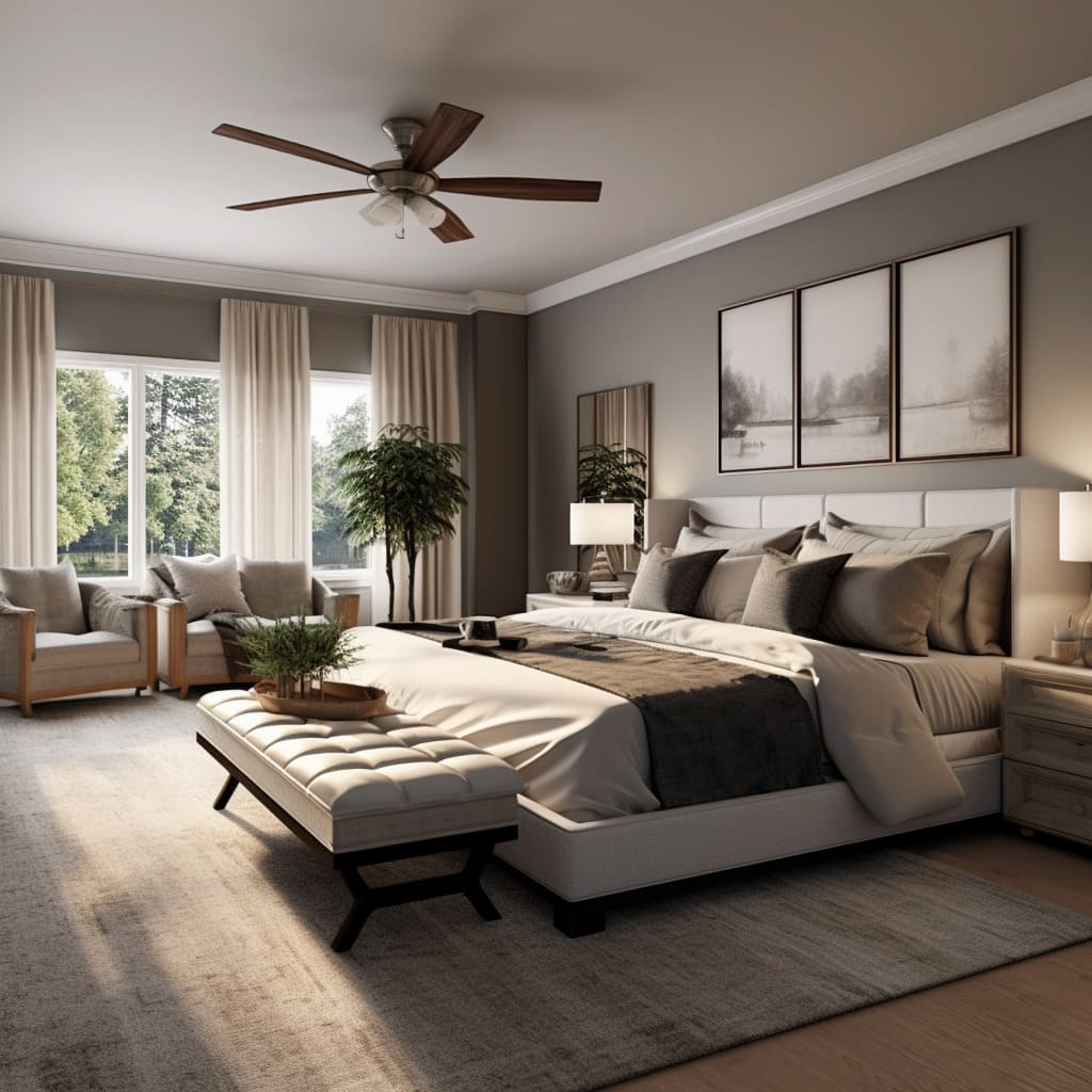 This main sleeping quarters' neutral tones create an atmosphere of quiet luxury and comfort.