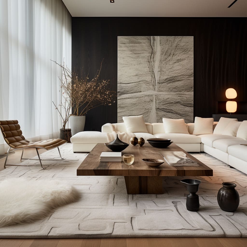 This minimalist interior design in the living room is all about simple elegance and creating a chill vibe