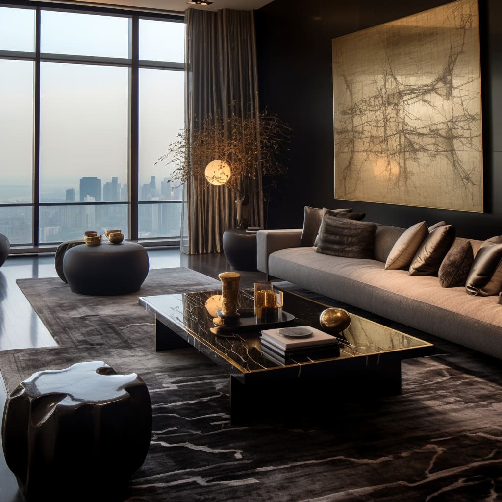 This penthouse living room exemplifies contemporary urban living with architectural rhythm and dynamic interiors