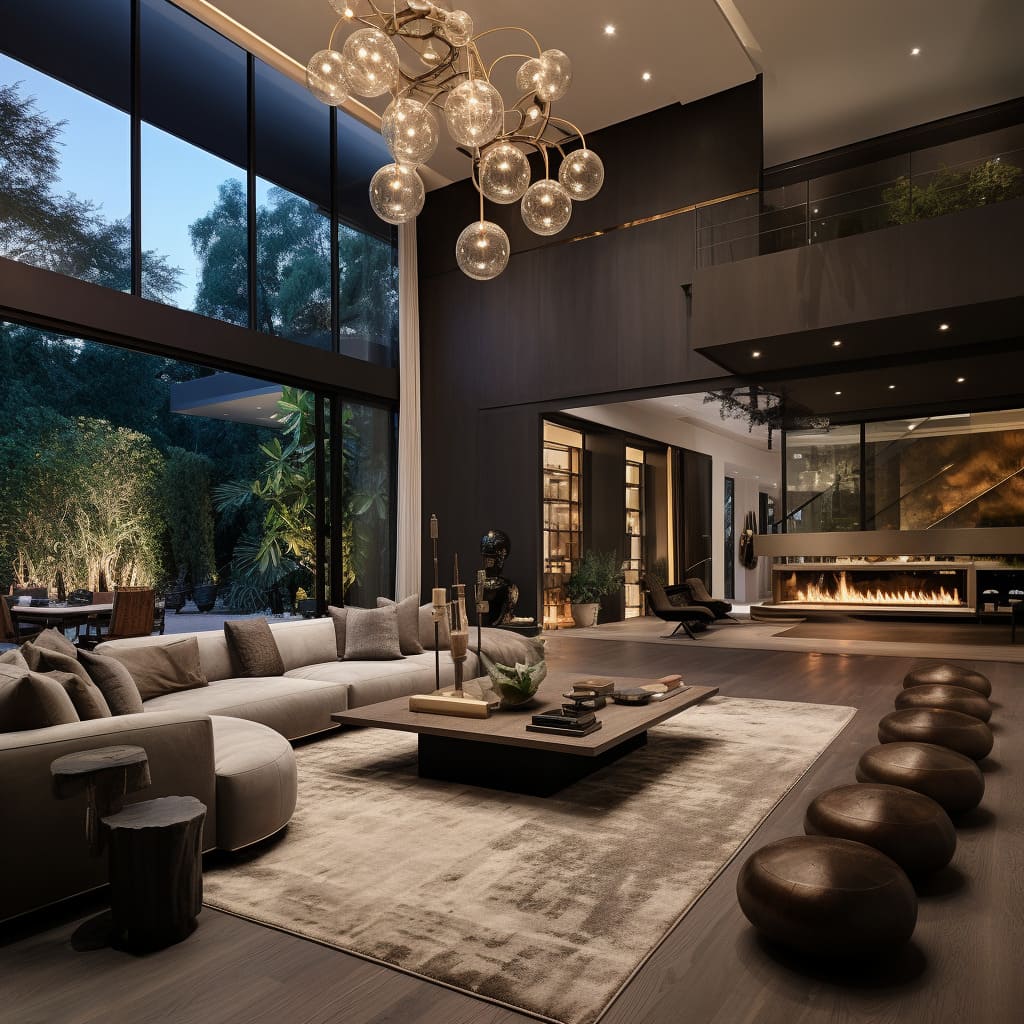 This prestigious living room boasts state-of-the-art appliances and contemporary design, offering a sophisticated and lavish space for relaxation and entertainment.