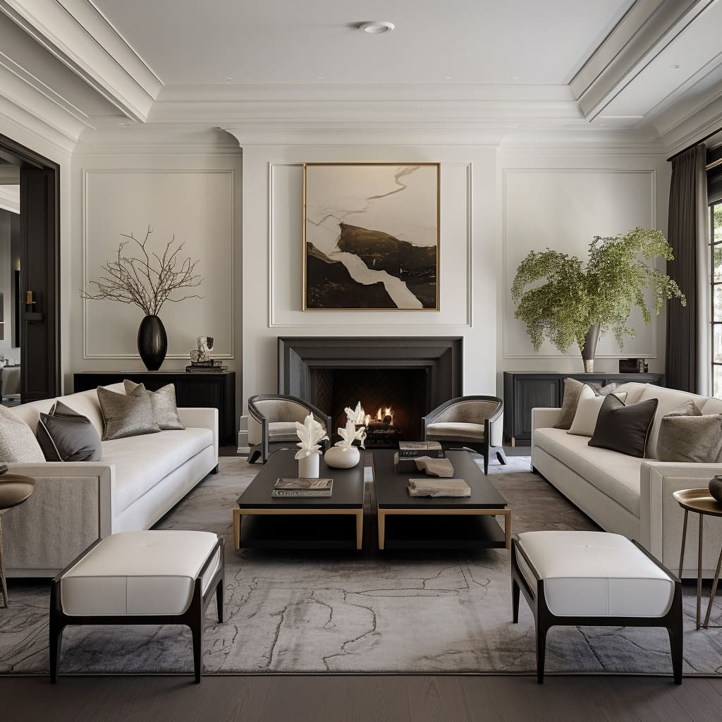 Timeless trends are reflected in the living room's balanced interiors