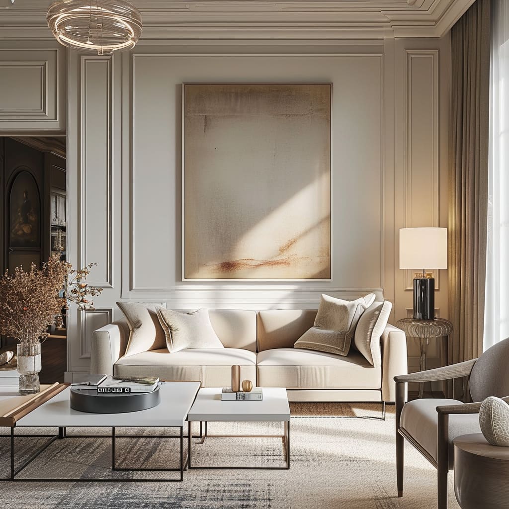 Traditional elements and a neutral color palette create a timeless look in the lounge