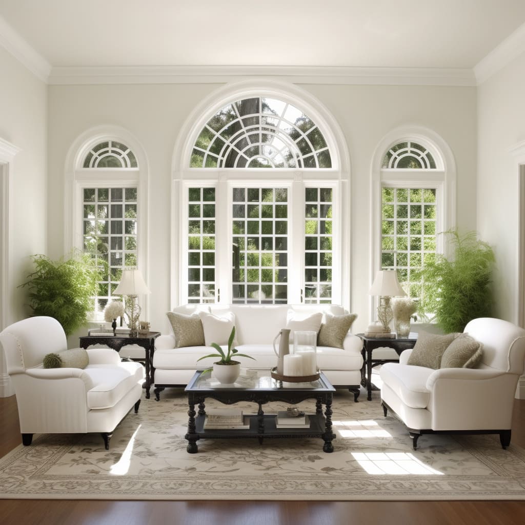 Traditional furniture and a neutral color scheme define the inviting atmosphere of this American Classical living room.