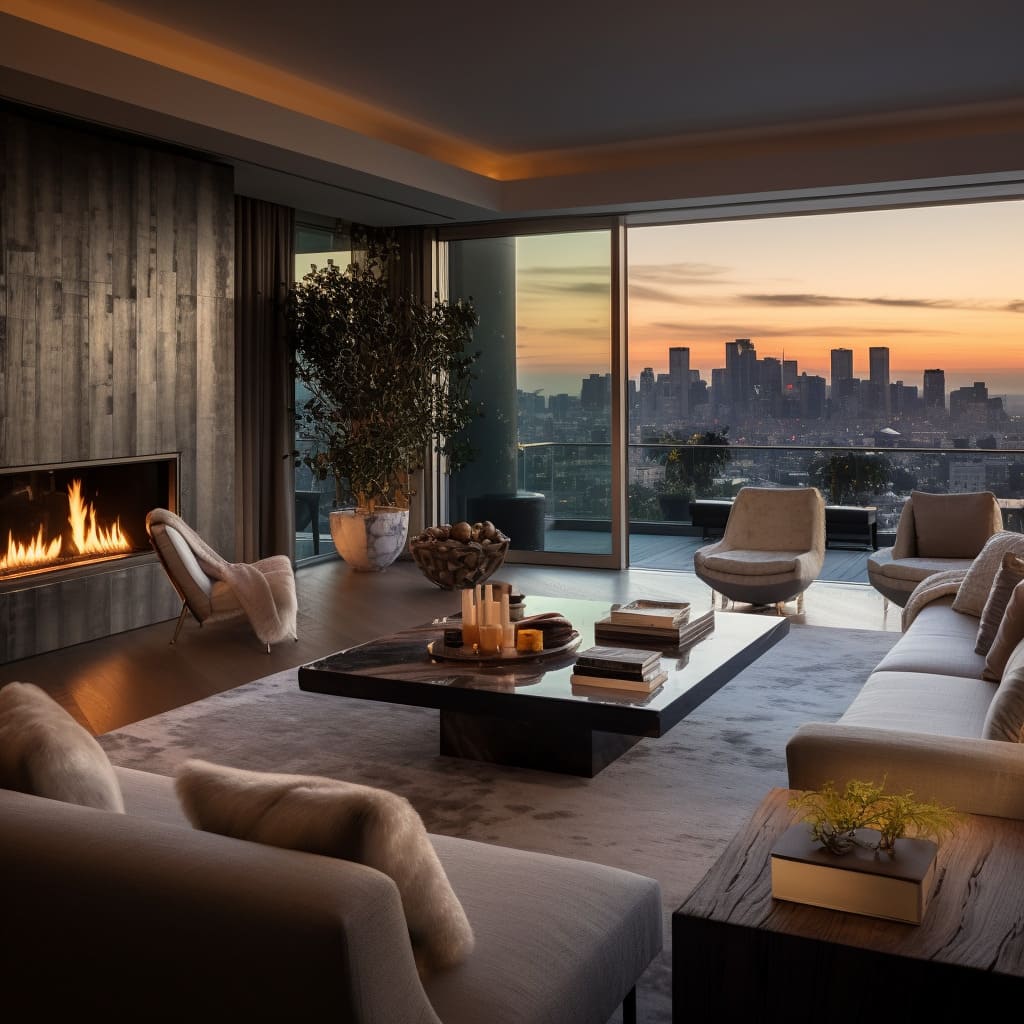 Urban luxury meets contemporary design in this penthouse living room, where sophistication and style are paramount