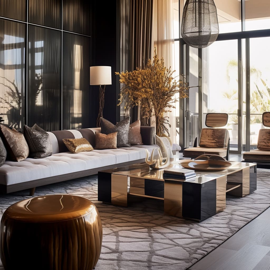 Velvet textures, silk accents, and abstract rugs enhance the sophistication of this urban chic retreat